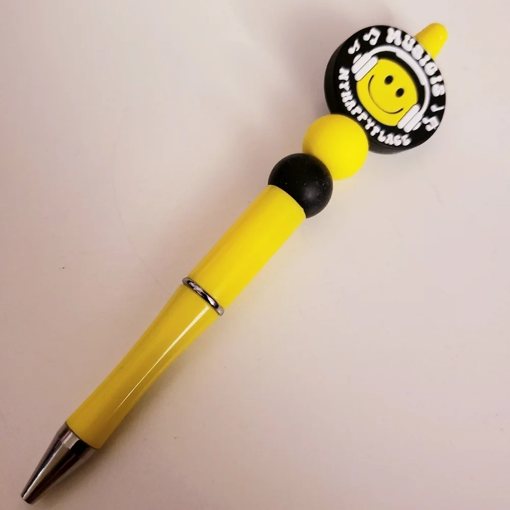 Handmade Silicone Focal Beaded Smiley Face Music is My Happy Place Pen